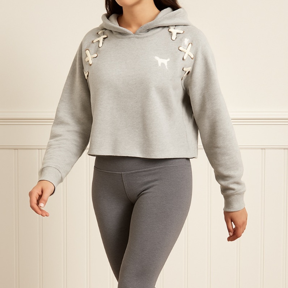 PINK - (Victoria’s Secret) - sweatshirt hoodie - light grey with lace up detail